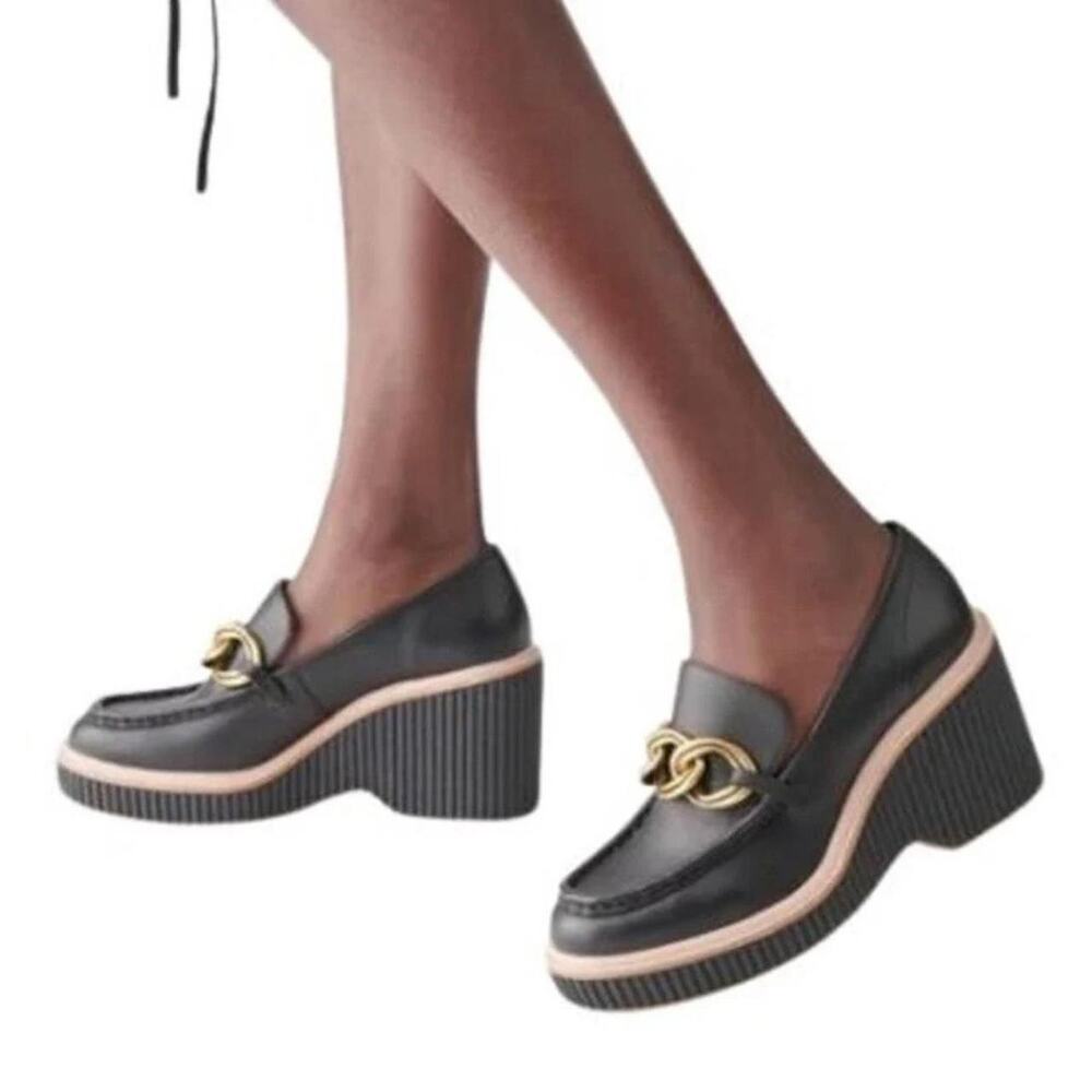 Dolce Vita Brenan Black Leather Chain Loafer Wedges – Size 8.5